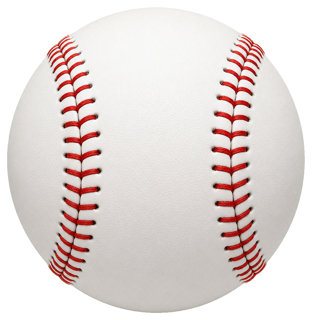 A plain white baseball with red stitching on the left and right sides.