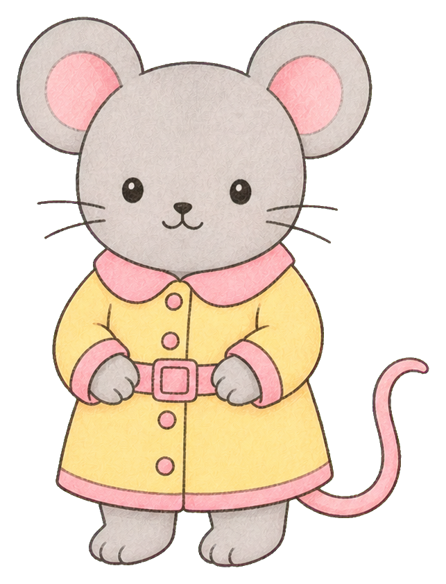 Cute kawaii mouse wearing a yellow raincoat with pink trim and a pink tail