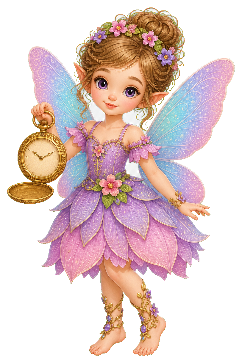A fairy with glittery wings holding a pocket watch