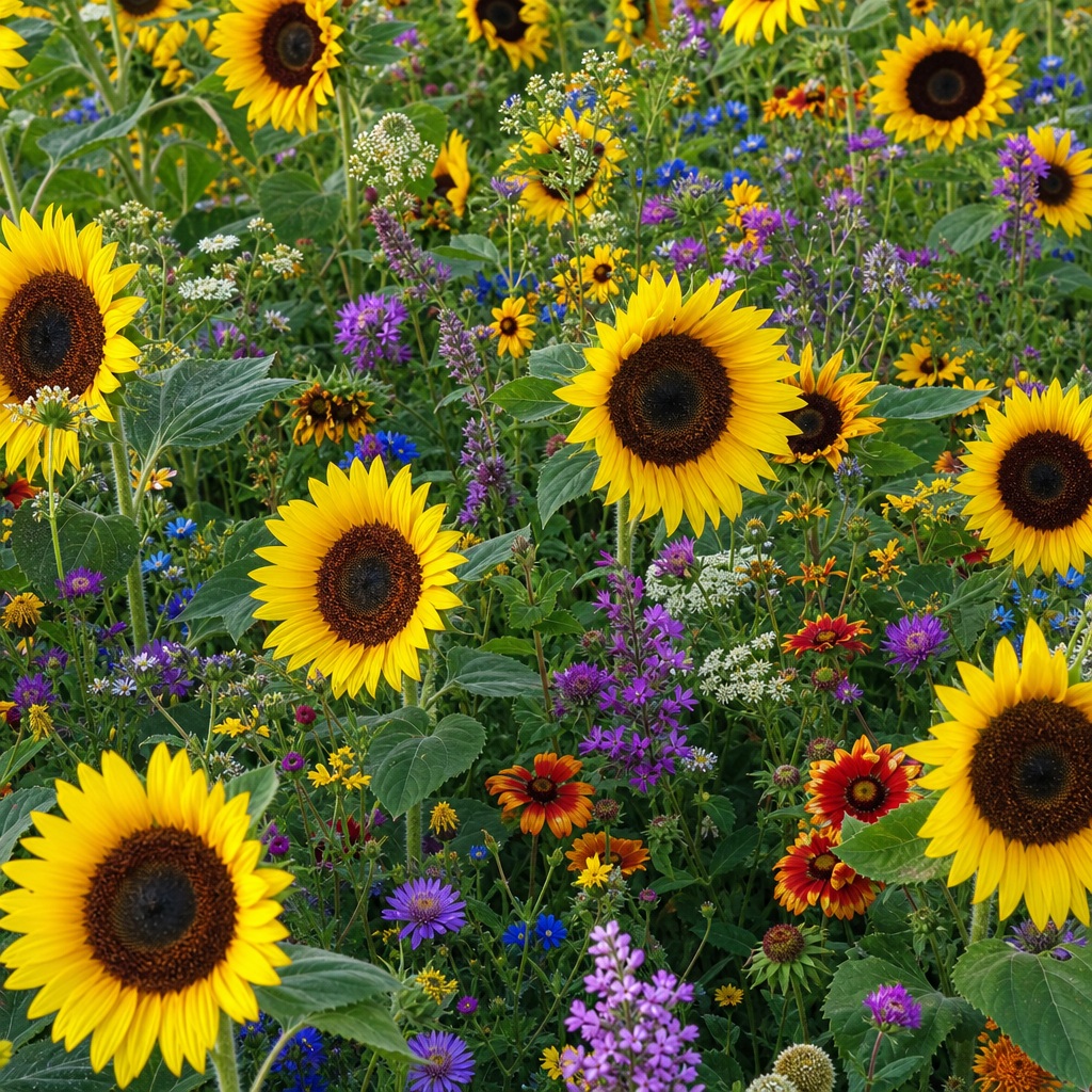 Sunflowers and mixed wildflowers blooming densely in a green meadow