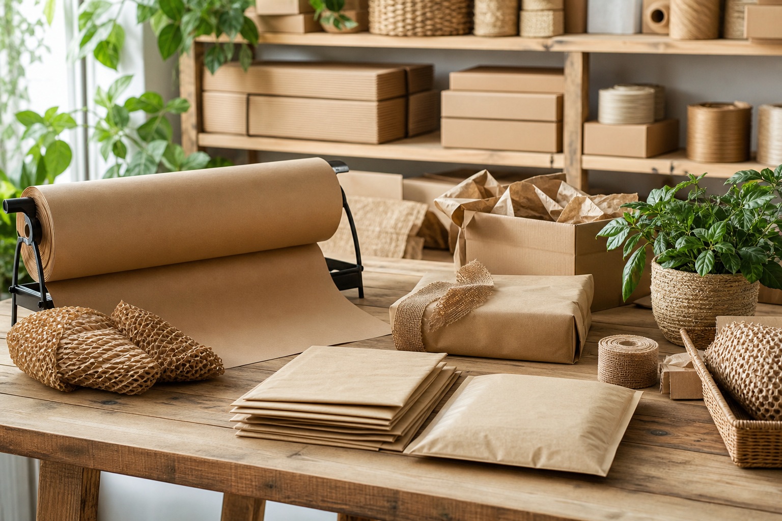 Packing table with kraft boxes, recycled paper wrap, twine, and potted plants