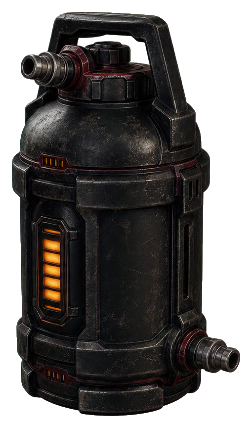 Black sci fi canister with orange light panel and side nozzle