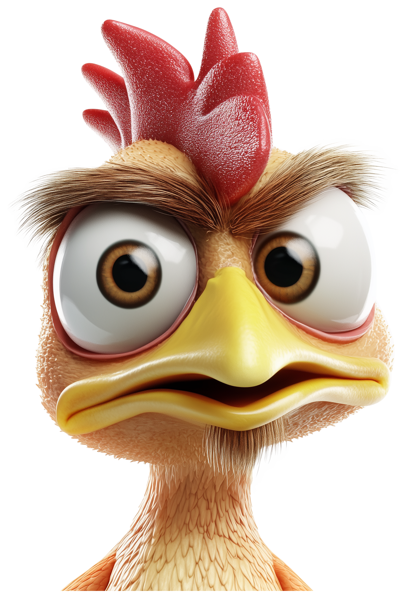 3D cartoon chicken head with big eyes and a yellow beak.