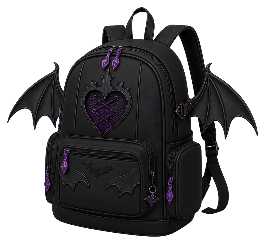 Black goth backpack with bat wings and purple accents