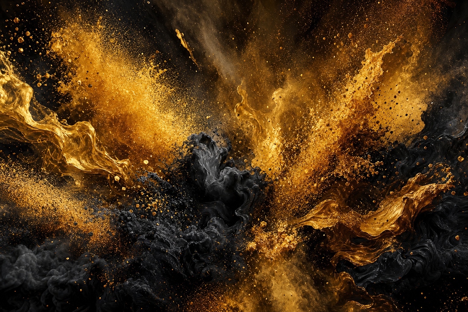 Gold and black pigment burst spreading across a dark abstract background