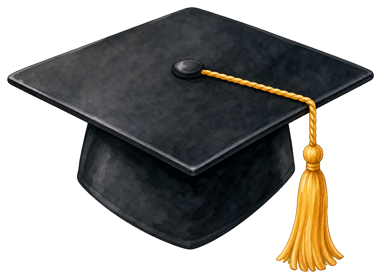Black graduation cap with gold tassel on a transparent background