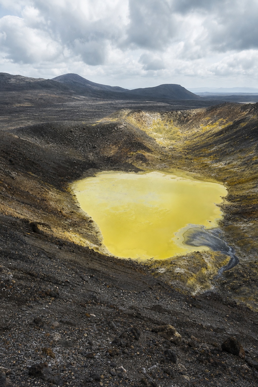 Yellow mineral basin surrounded by dark rocky desert hills under cloudy skies
