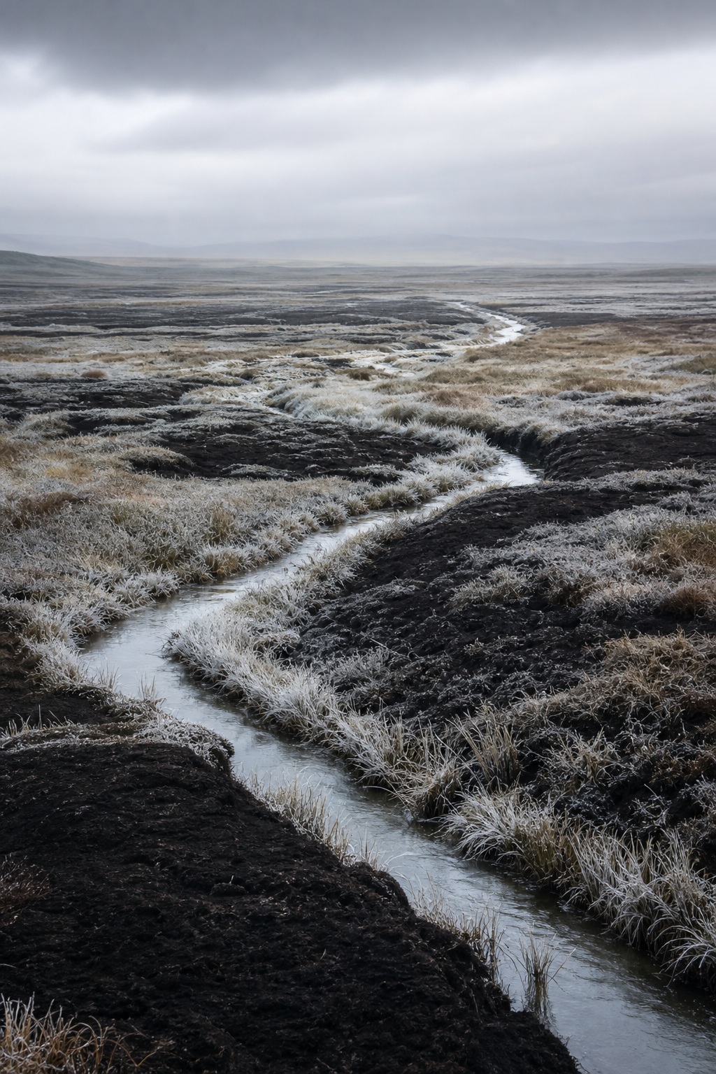 Winding water channels crossing frosty peat fields under a cloudy winter sky