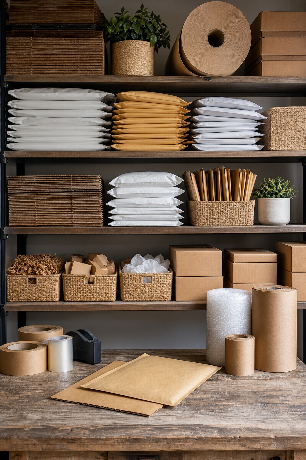 Organized packing station with shelves, boxes, mailers, twine, and paper supplies on a wooden table.