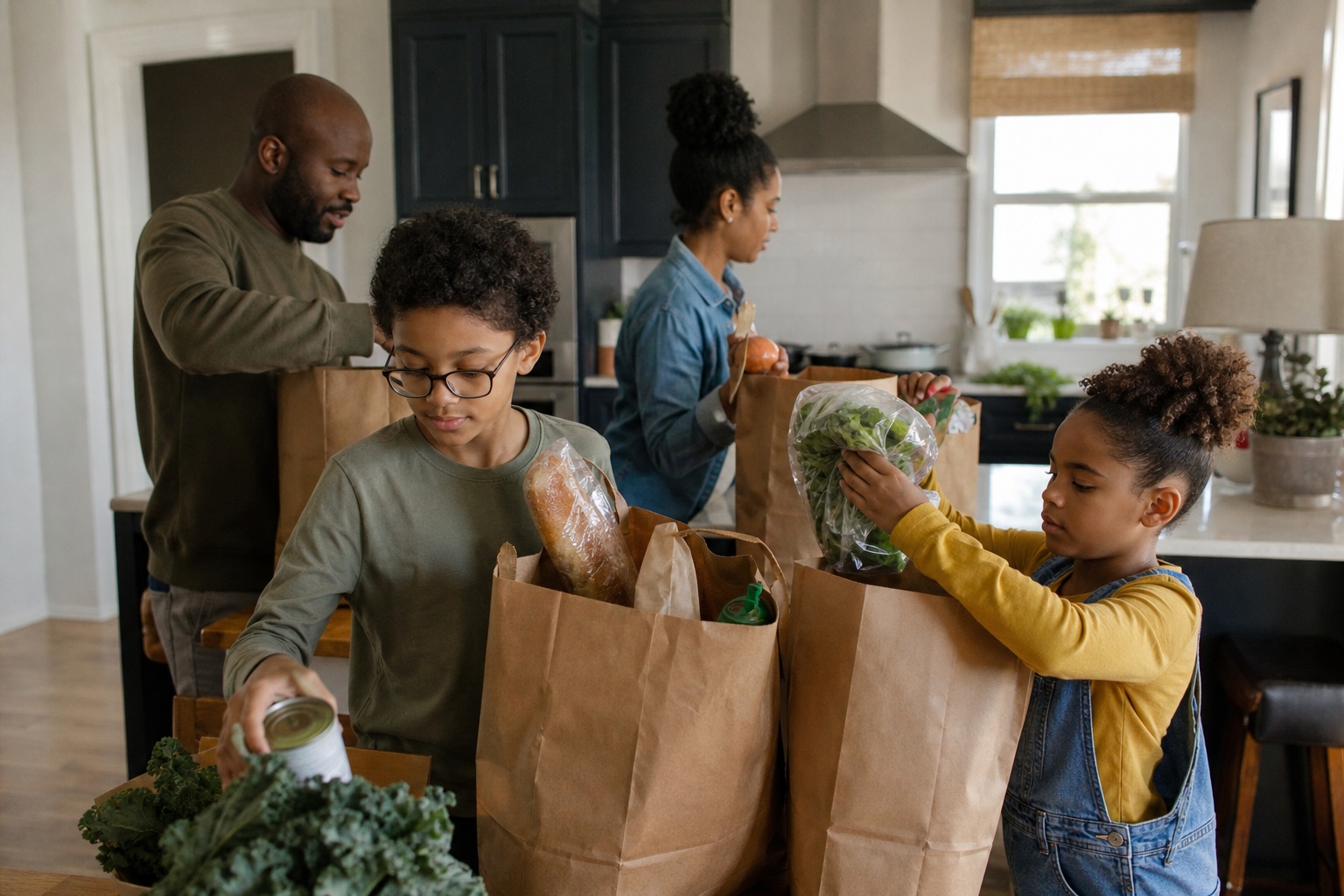 Family unloading groceries together in a kitchen with bags and fresh produce on the counter.