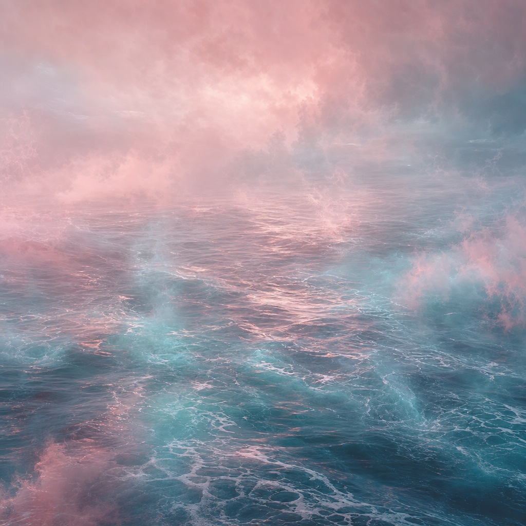 Pink mist above a blue ocean horizon with shimmering waves