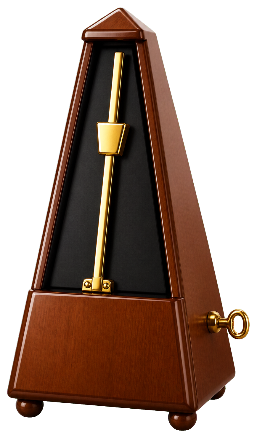 Wooden metronome with a gold pendulum and wind-up key on the side.