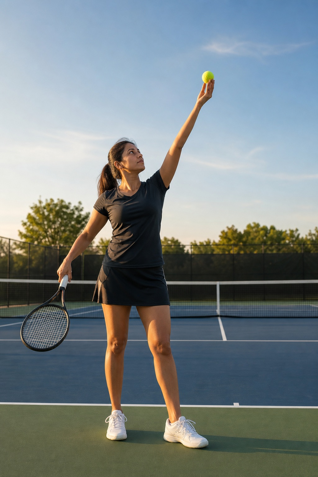 Woman on a tennis court holding a racket and raising a ball overhead in serve position