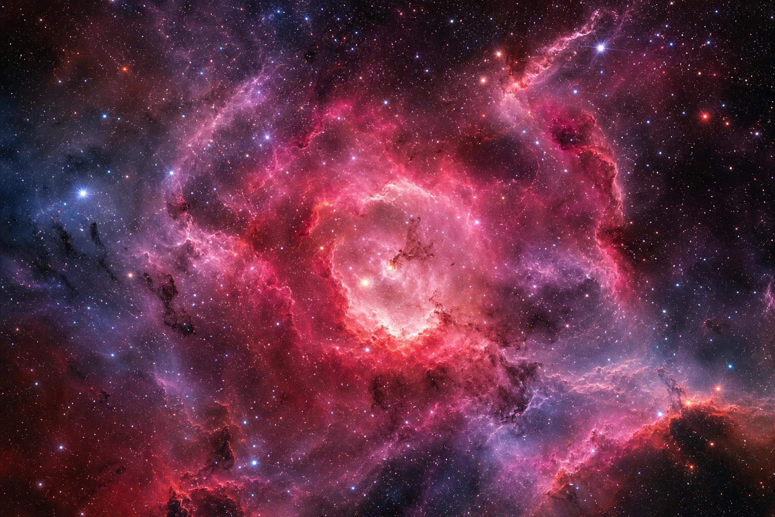 Rose-colored nebula clouds glowing among stars in deep space