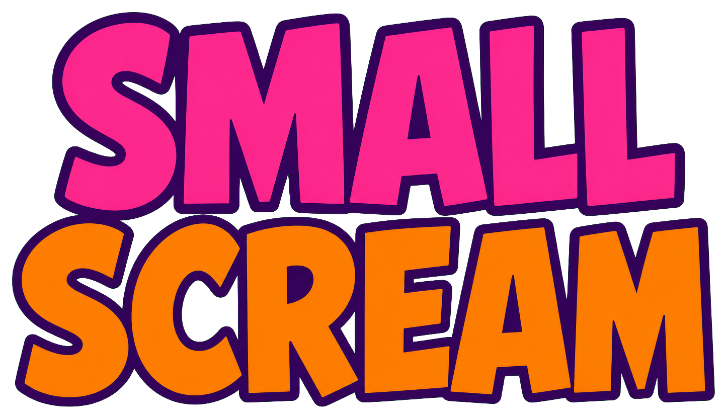Bold pink and orange text reading Small Scream on a dark background.