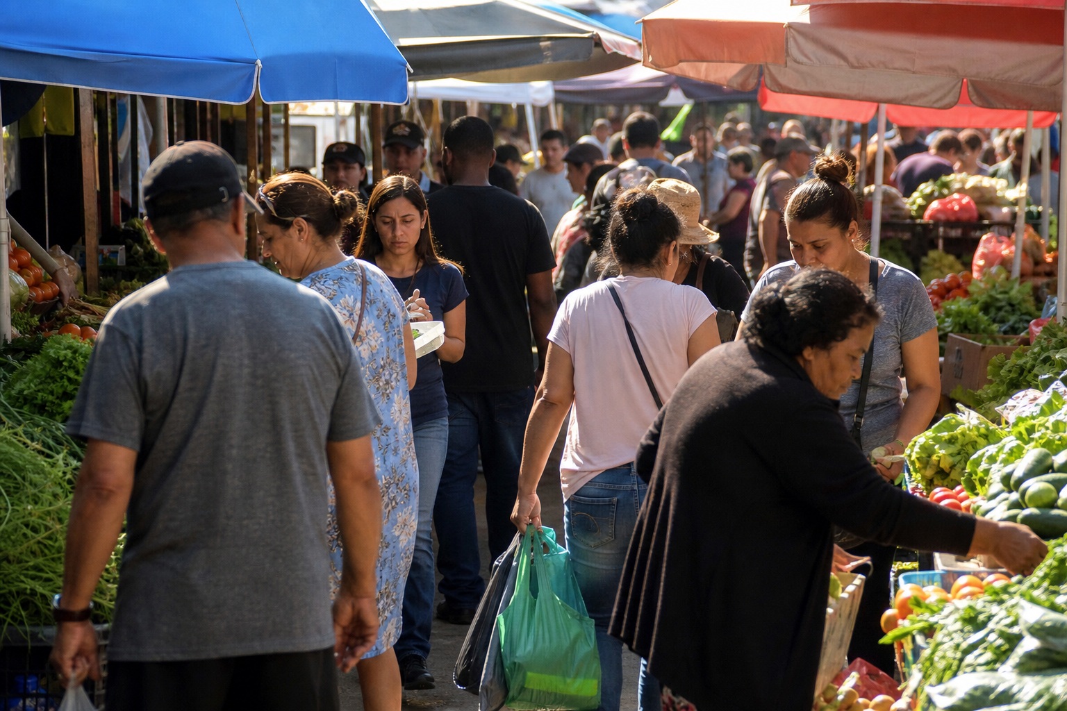 Crowded outdoor street market aisle with shoppers and produce stalls under colorful umbrellas.