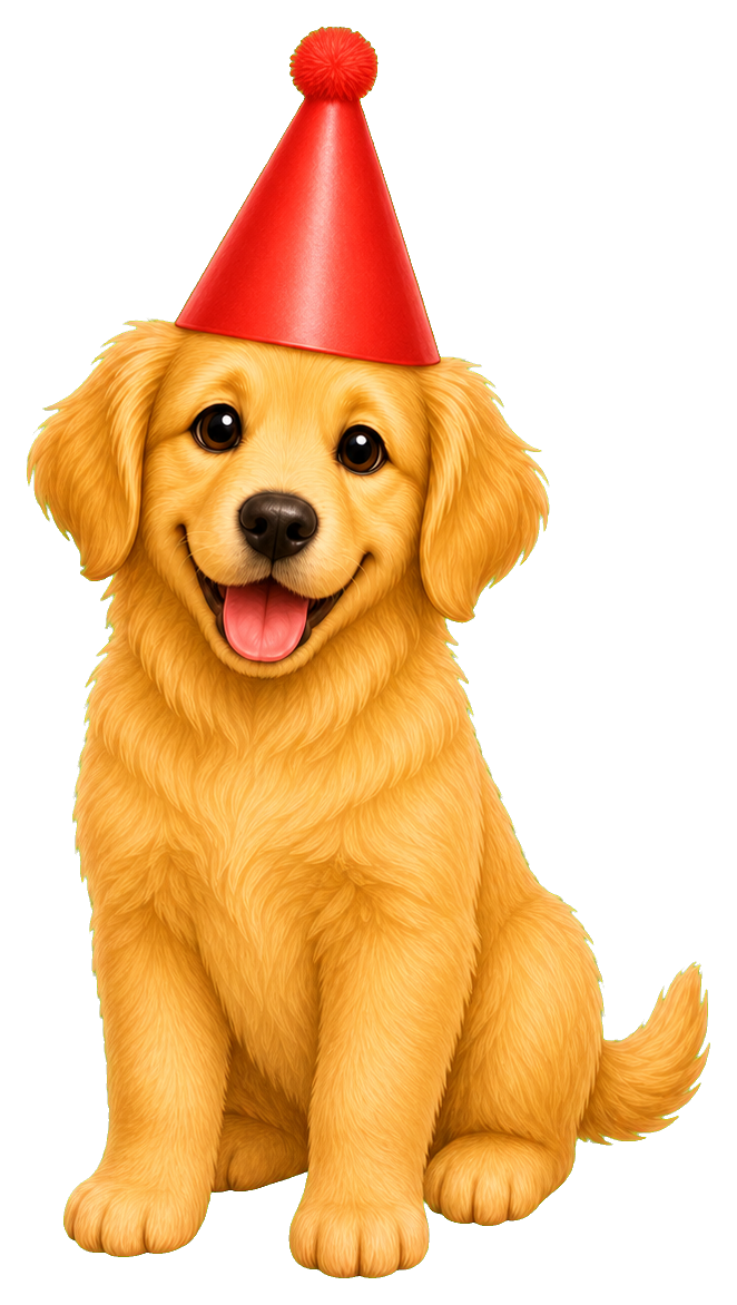Golden retriever puppy wearing a red party hat and sitting happily