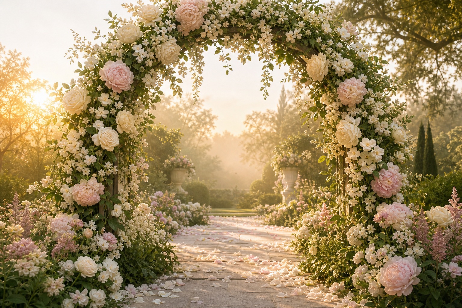 Sunlit garden path beneath a floral arch with roses and greenery