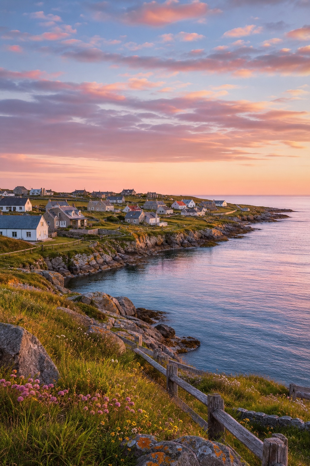 Cliffside coastal village above a rocky shoreline with soft pastel sunrise clouds.