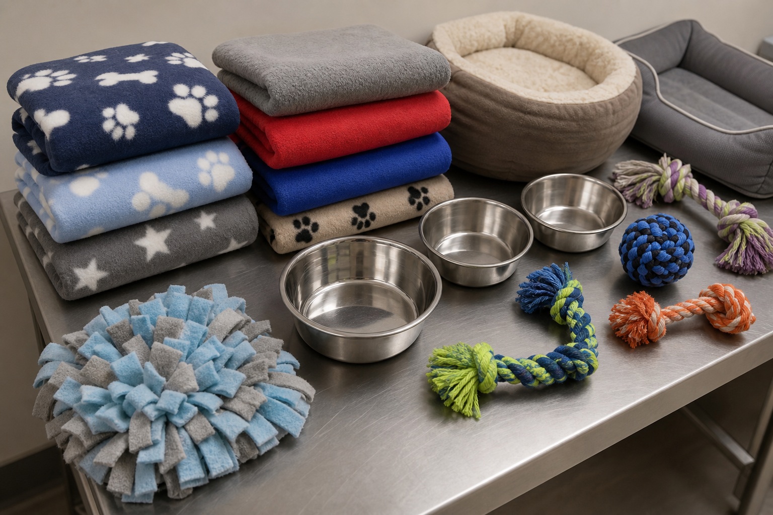 Table with folded blankets, pet bowls, and assorted toys arranged as donation supplies.