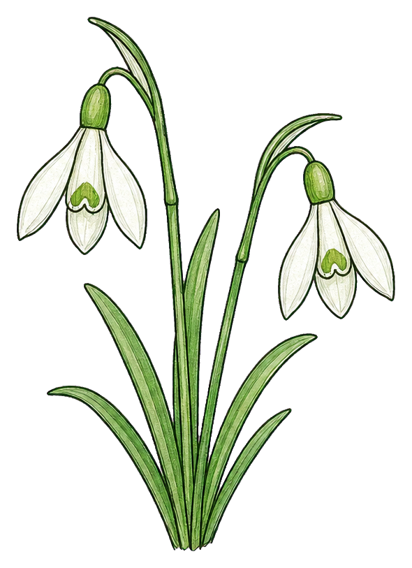 Two white snowdrop flowers with green stems and leaves in a sticker graphic.