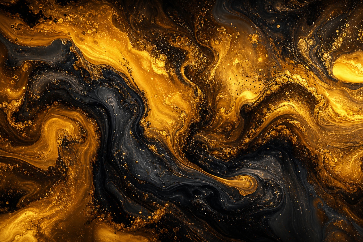 Abstract gold and black liquid swirls with flowing marbled texture