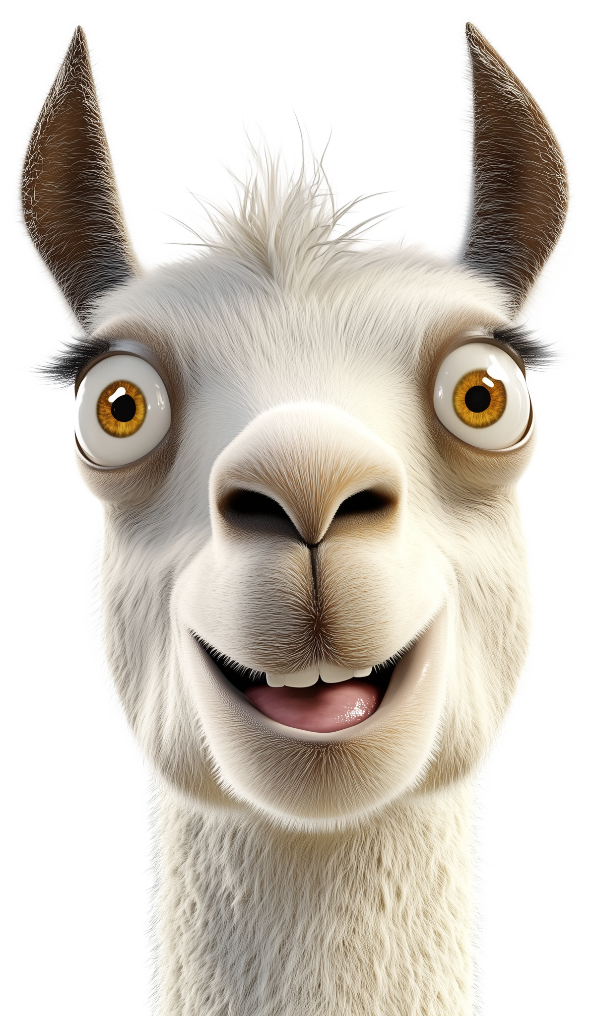 Smiling cartoon llama face with wide eyes and upright ears.