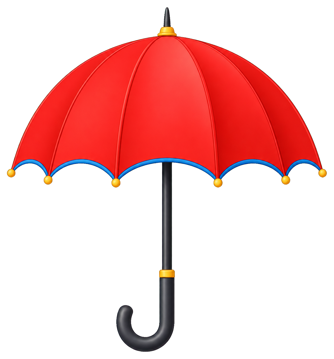 Red umbrella with a dark curved handle and gold trim accents