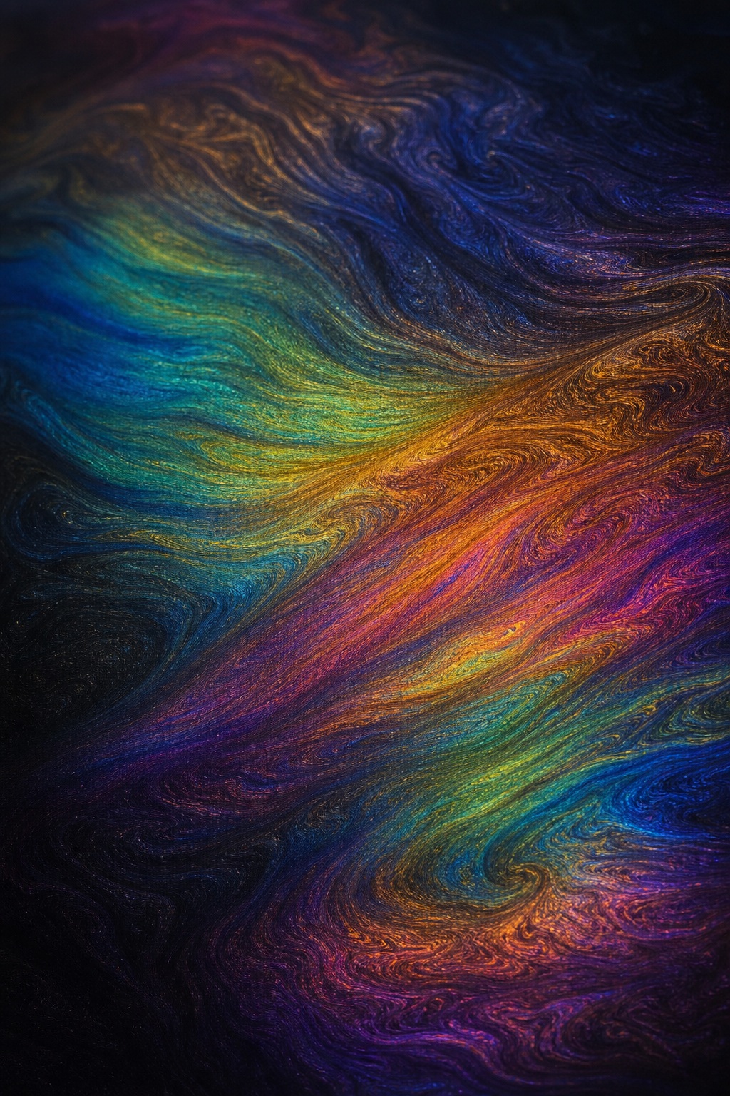 Abstract dark rainbow oil slick texture with feathered spectrum bands and flowing iridescent colors.