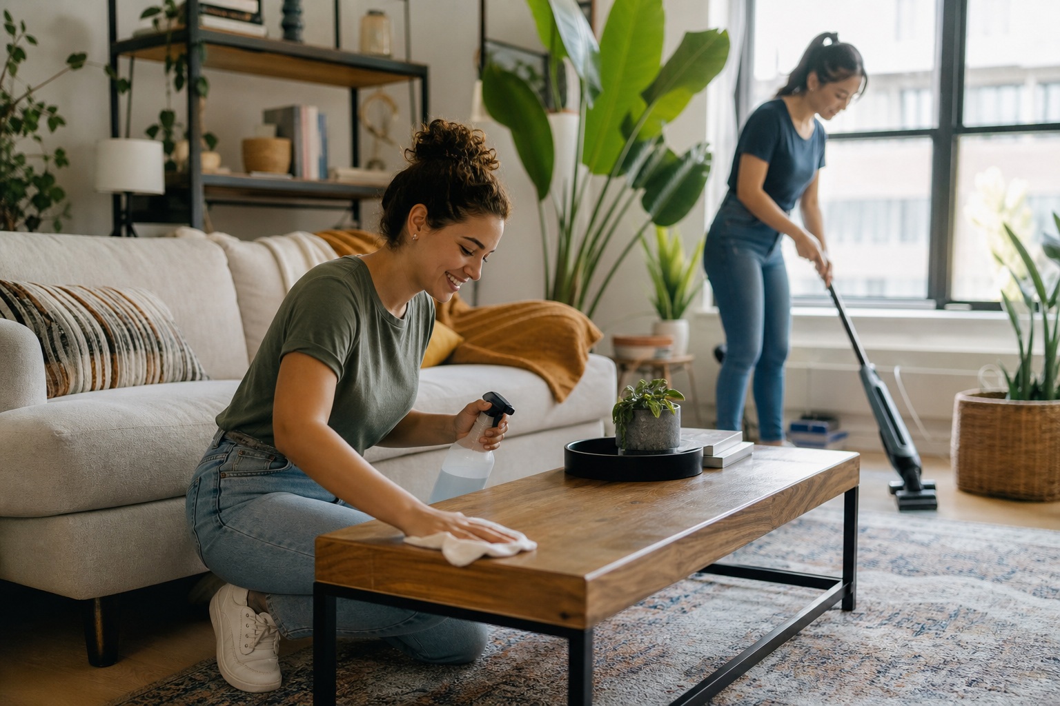 Two roommates cleaning a bright living room with a sofa, coffee table, and rug