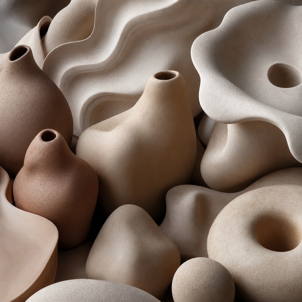 Soft organic clay-like forms with rounded openings in warm earth tones.