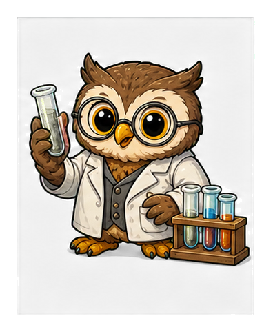 Cartoon owl in a lab coat holding a test tube beside a rack of test tubes.