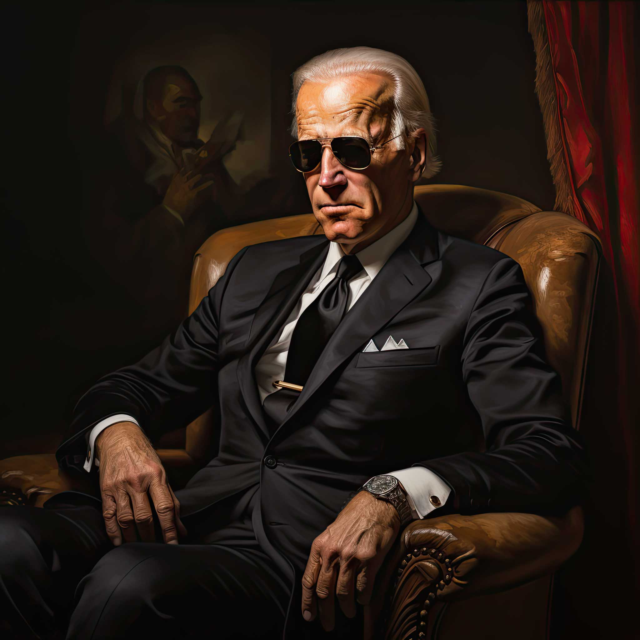 Older man in a dark suit and sunglasses seated in a leather armchair
