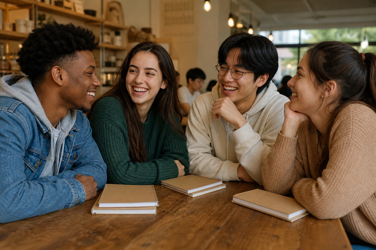 Four friends sitting at a wooden table and smiling during a casual study break.