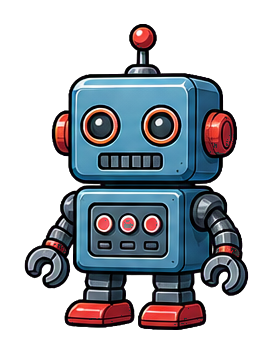 Blue retro robot with orange details, red feet, and a small antenna.