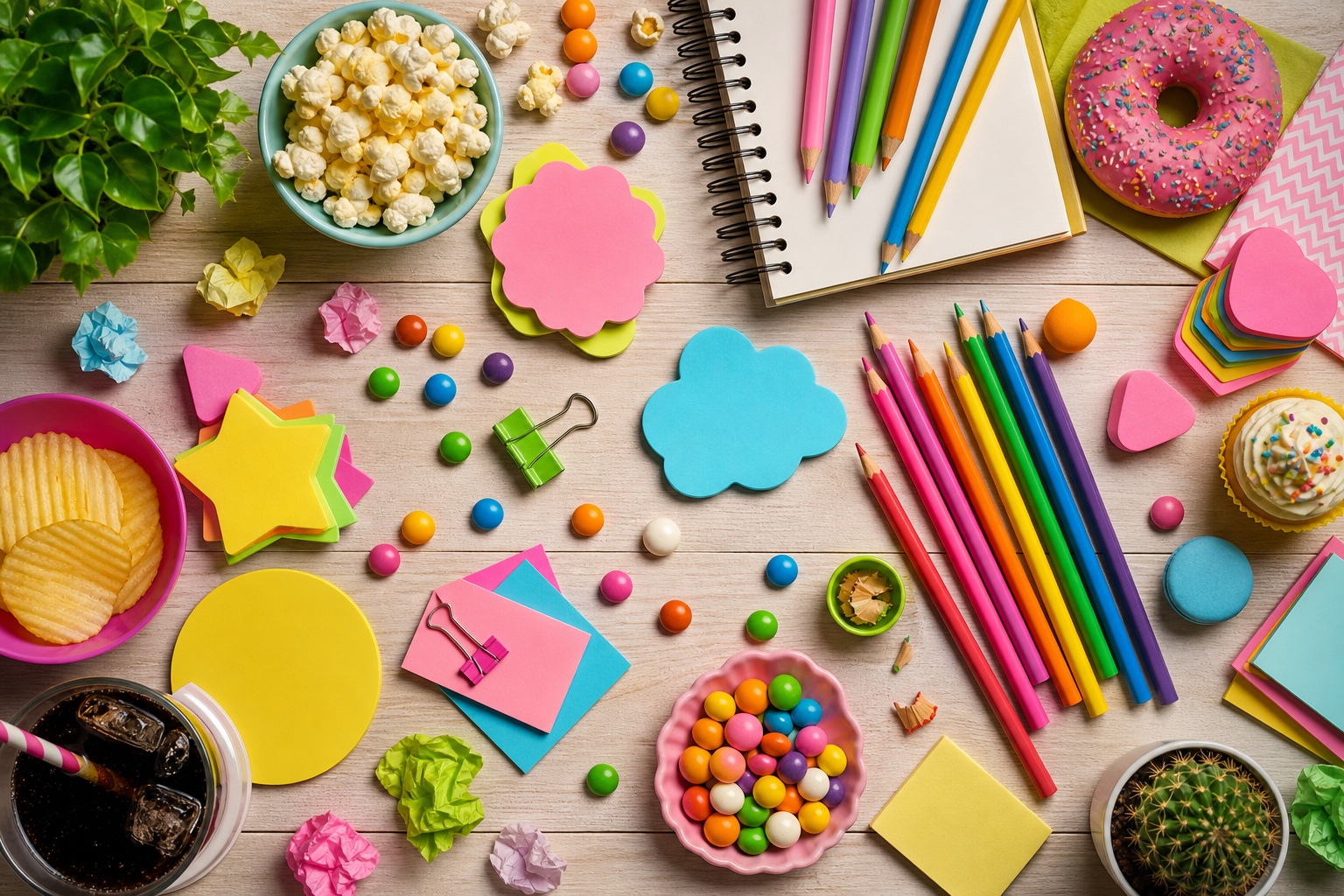 Colorful flatlay of stationery, craft supplies, and snacks on a creative desk