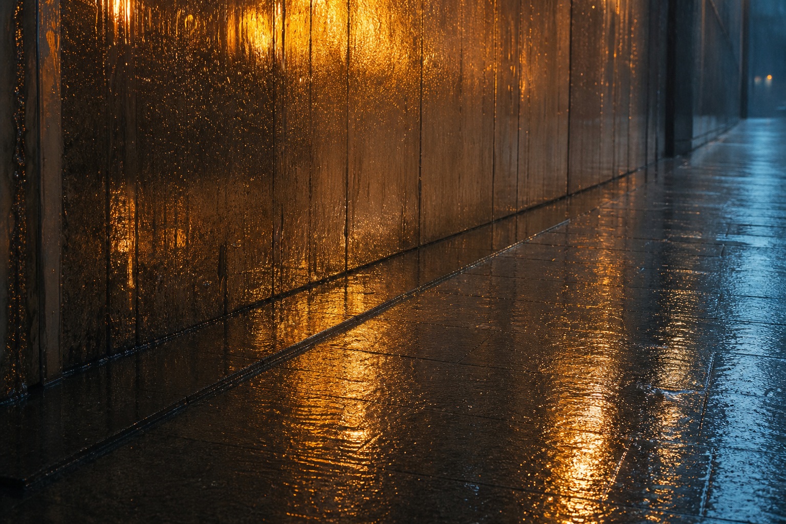 Wet city wall reflecting amber light beside a rain-slick street at night