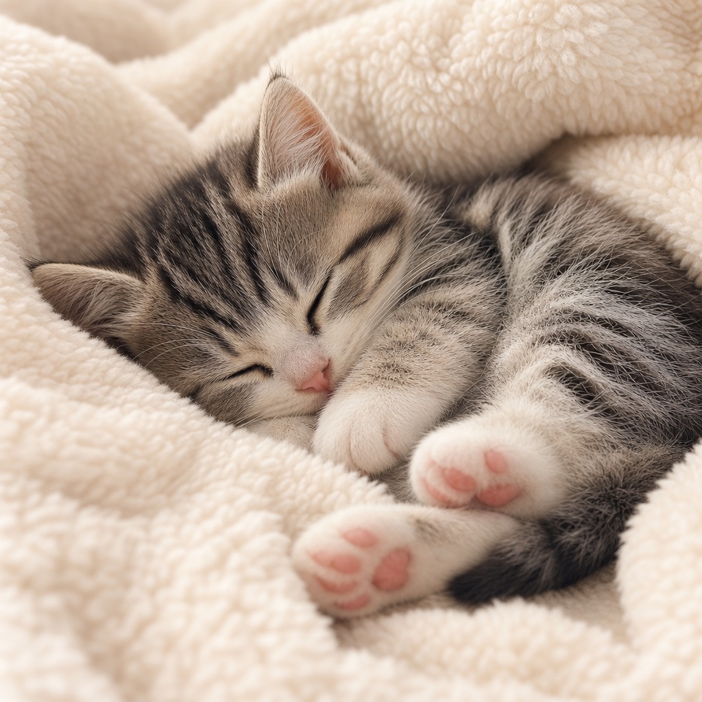 Sleeping tabby kitten curled on a soft cream blanket with visible pink paw pads