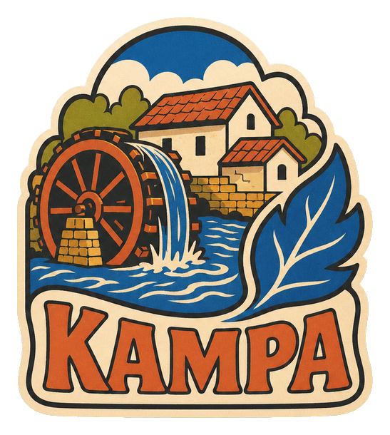 Retro KAMPA sticker with a wheel, building, water, and blue leaf illustration.