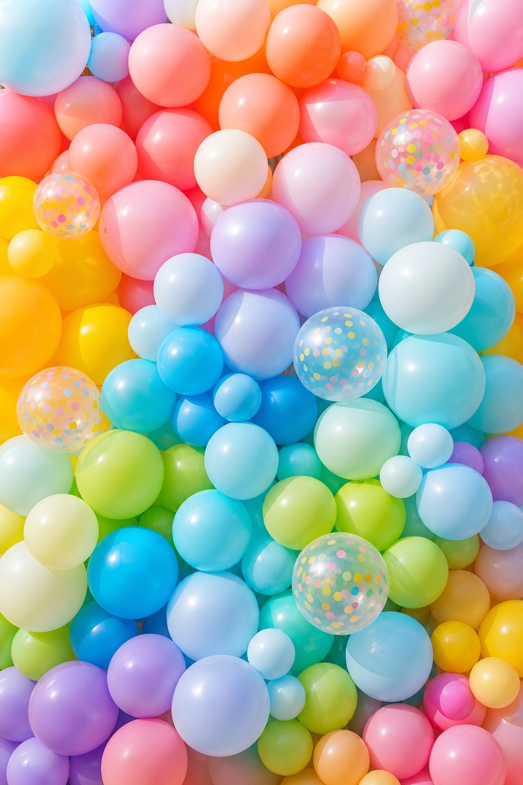 Vertical wall of pastel and bright balloons in a colorful birthday celebration backdrop