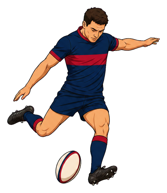 Cartoon rugby player kicking a rugby ball in mid-action