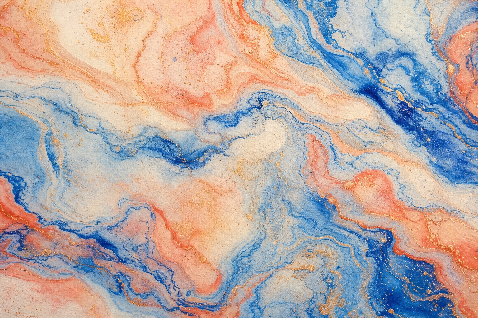 Blue and coral marbled paper with fine watercolor veining and flowing texture