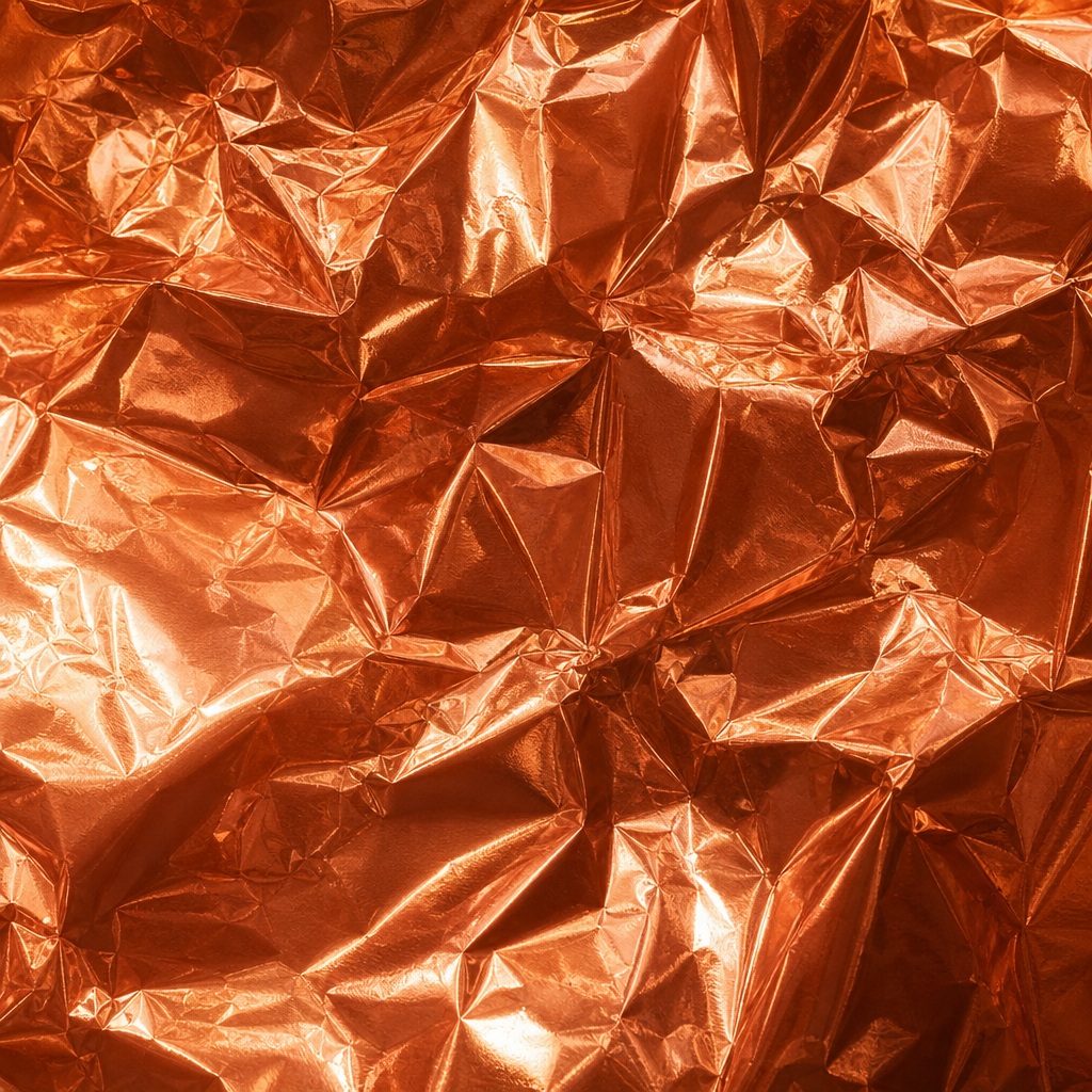 Crinkled copper foil with a glossy, reflective metallic shimmer texture