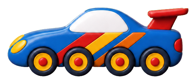 Colorful cartoon toy race car with four wheels and a rear spoiler
