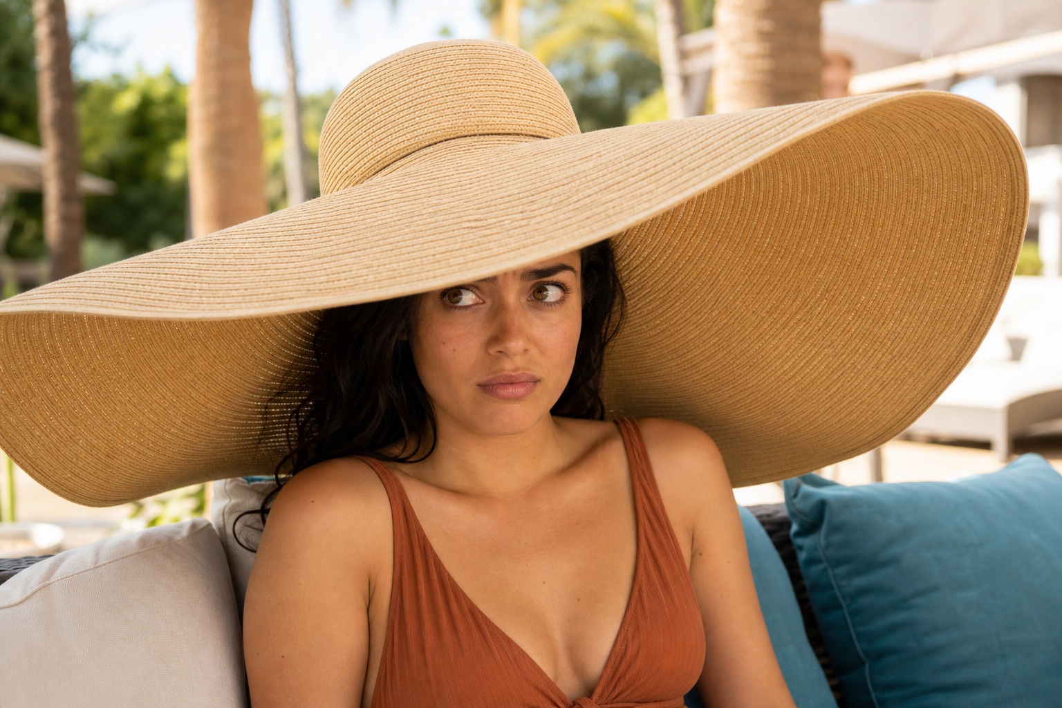 Woman wearing an oversized sunhat and rust top sitting on a couch outdoors.