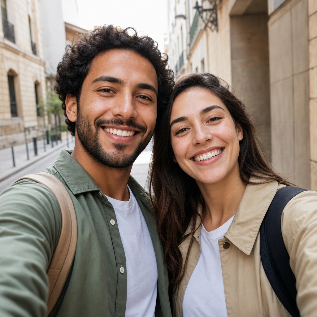 Smiling couple taking a selfie on a city street