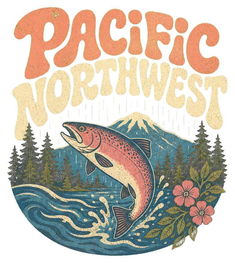 Retro Pacific Northwest salmon illustration with mountains, trees, waves, and flowers.