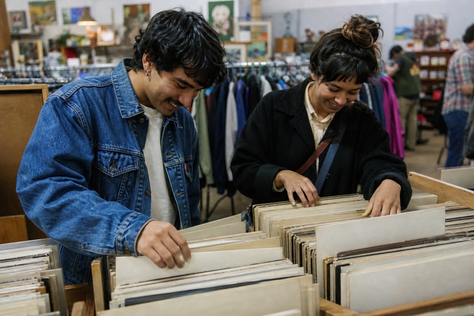 Two men browsing vinyl records in a thrift store aisle.