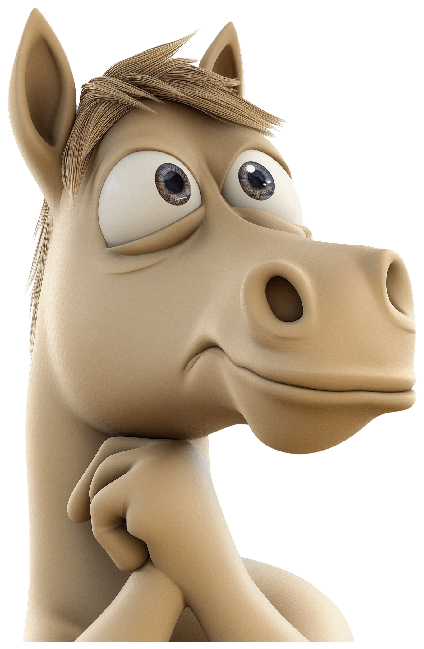 A 3D cartoon horse emoji sticker with a tan face and expressive eyes.
