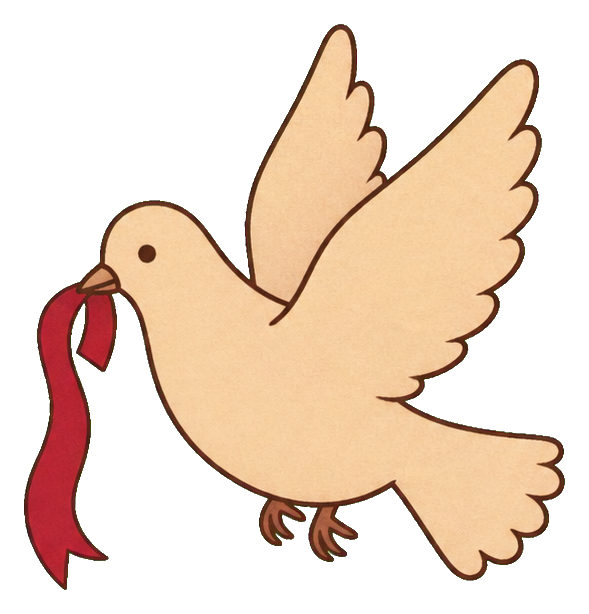 Cream-colored dove flying with a red ribbon hanging from its beak